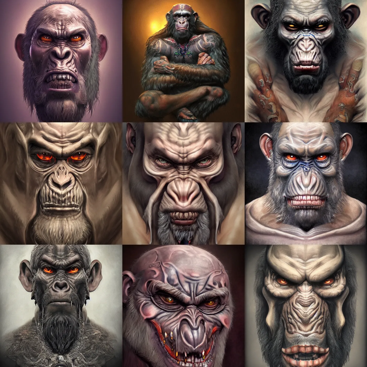 Image similar to a wlop 3 d render of very very very very highly detailed beautiful mystic portrait of a phantom ape demon with tattoos by anton pieck, intricate, extremely detailed, digital painting, artstation, concept art, smooth, sharp focus, illustration, intimidating lighting, incredible art,