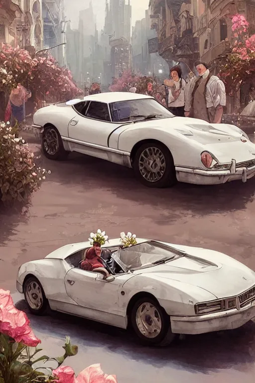 Image similar to ultra realistic illustration, old white vintage car in the city with flowers blooming out the window, elegant, highly detailed, digital painting, concept art, smooth, sharp focus, illustration, art by greg rutkowski and alphonse mucha