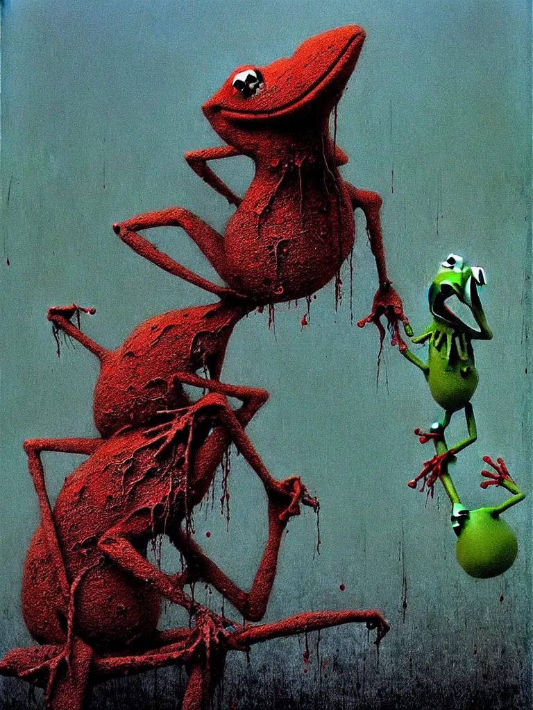 Image similar to bloody Kermit the frog megalophobia by Beksinski