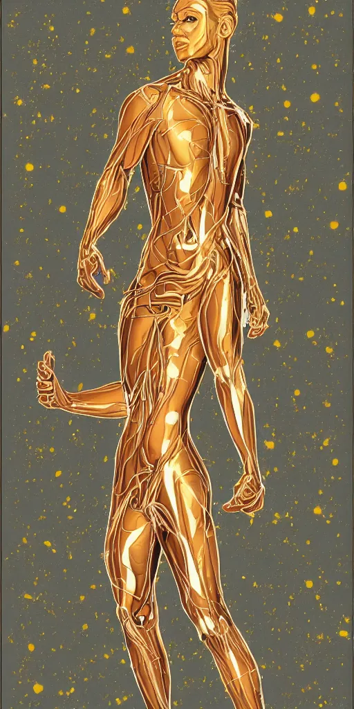 Prompt: whole undistorted human body with thin golden lines transparent crystals and _ textiles pinup _ poster _ of _ the _ pale _ blond _ androgynous soldier lucius _ by j c