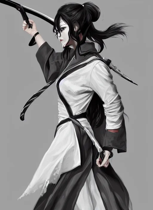 Image similar to a highly detailed illustration of fierce messy ponytail black haired one armed delinquent woman wearing japanese uniform cap wearing long white coat cape, dramatic wielding sword pose, muscular, intricate, elegant, highly detailed, centered, digital painting, artstation, concept art, smooth, sharp focus, league of legends concept art, wlop.