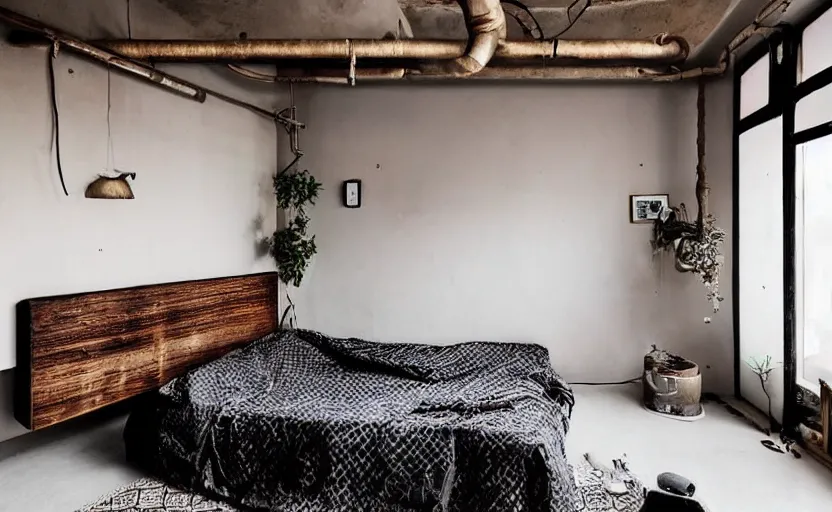 Image similar to saudi arabian bedroom interior, minimalism, punk, bed, neon, modernism, persian design, beige, black, wood, industrial, pipes, rust, little windows, plants, retro futurism, swedish design