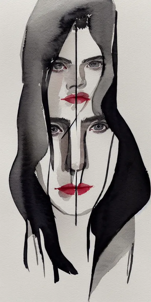 Image similar to beautiful face woman, symmetrical, grey, colorless and silent, watercolor portraits by Luke Rueda Studios and David downton