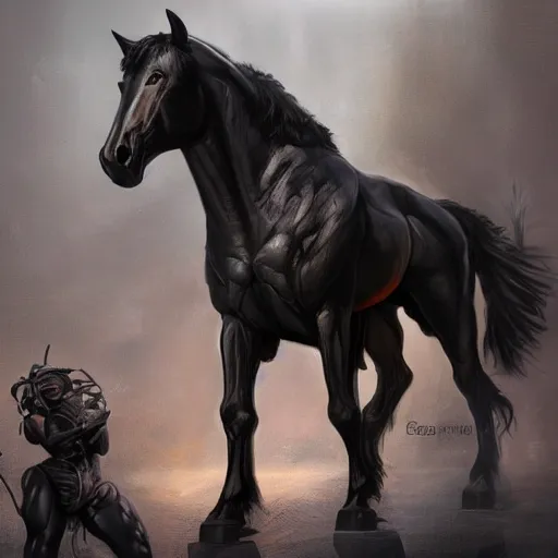 Prompt: an enormously muscular black - coated anthro horse at a research facility wearing skintight body armor, highly detailed, digital painting, artstation, concept art, illustration, art by artgerm, greg rutkowski, wlop