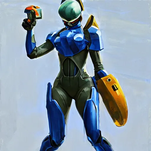 Image similar to greg manchess portrait painting of armored zero suit samus aran as overwatch character, medium shot, asymmetrical, profile picture, organic painting, sunny day, matte painting, bold shapes, hard edges, street art, trending on artstation, by huang guangjian, gil elvgren, ruan jia, greg rutkowski, gaston bussiere