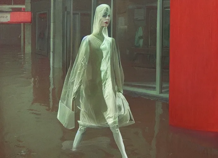 Image similar to woman in a translucent clothing made from green plastic bag with paper bags for clothes standing inside paper bags with paper bag over the head at store display on flooded night street Edward Hopper and James Gilleard, Zdzislaw Beksinski, highly detailed