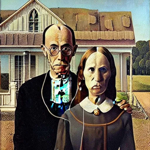 Prompt: “a painting by Grant Wood of an astronaut couple, american gothic style”
