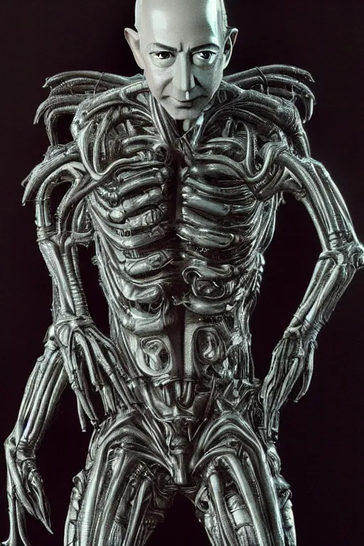 Image similar to jeff bezos as an alien invader, photorealistic, cinematic lighting, highly detailed, very intricate, by hr giger