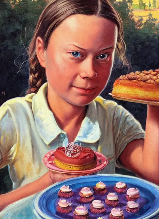 Prompt: greta thunberg eating cakes, artwork by earl norem, detailed digital art, trending on Artstation