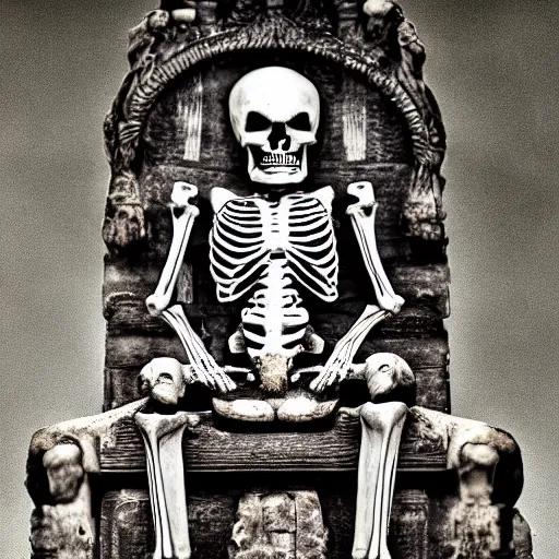 Image similar to ancient skeleton sits on a throne in an old temple with godrays, XF IQ4, 150MP, 50mm, f/1.4, ISO 200, 1/160s, natural light, Adobe Photoshop, Adobe Lightroom, DxO Photolab, Corel PaintShop Pro, rule of thirds, symmetrical balance, depth layering, polarizing filter, Sense of Depth, AI enhanced