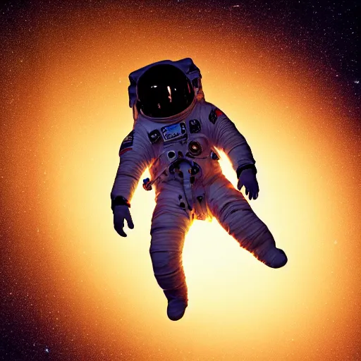 Image similar to photograph of an astronaut in space, singular light source from below, only suit legs and arms illuminated, full body photo, 8 k