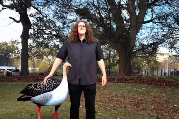 Prompt: weird al in a park with a goose