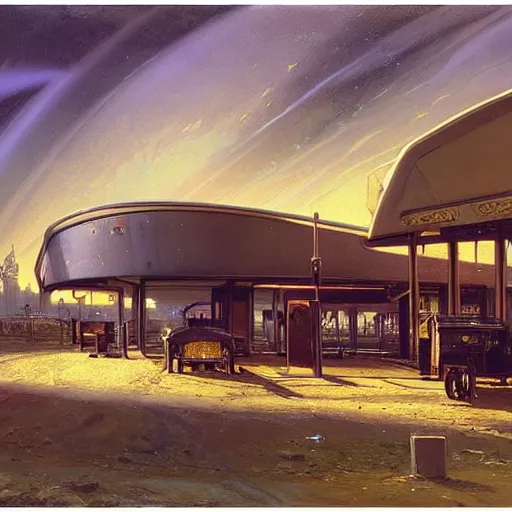 Image similar to painting of syd mead scifi organic shaped gas station with ornate metal work lands on a farm, fossil ornaments, volumetric lights, purple sun, andreas achenbach