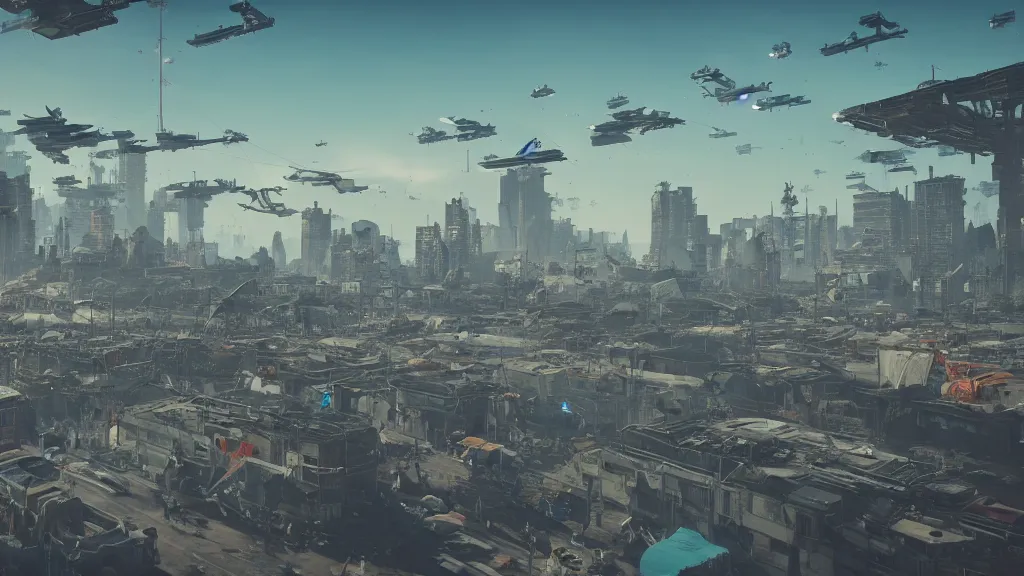 Prompt: low angle shot of a horde of people in a post-apocalyptic city, vibrant, flying spaceships with blue contrails in background, hyperrealistic, Cryengine 8k UHD