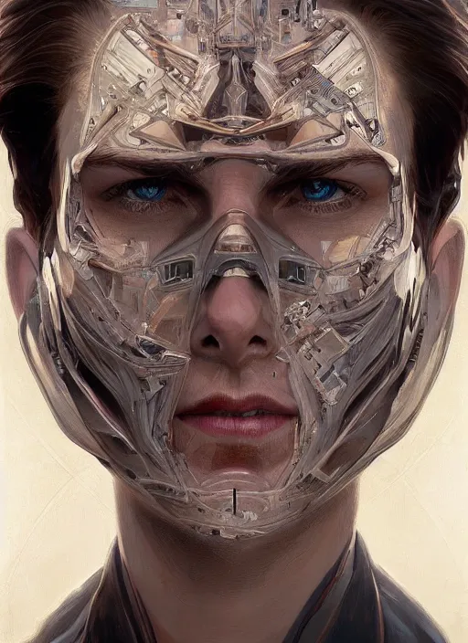 Image similar to symmetry!! tom cruise, machine parts embedded into face, intricate, elegant, highly detailed, digital painting, artstation, concept art, smooth, sharp focus, illustration, art by artgerm and greg rutkowski and alphonse mucha, 8 k