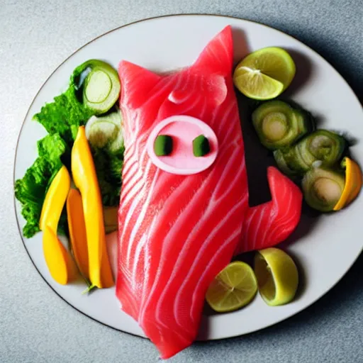 Prompt: salmon sashimi shaped like a cat,photorealistic