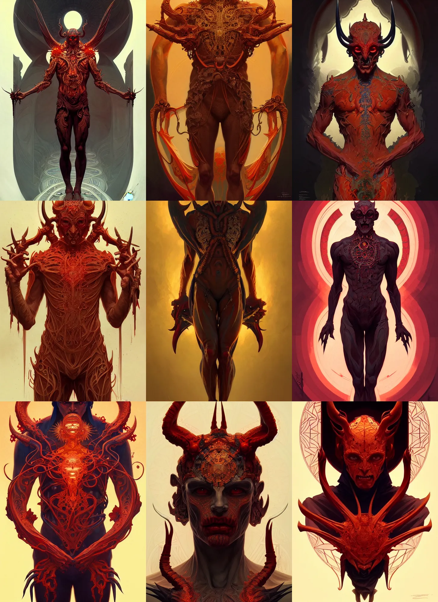 Prompt: symmetry!! full body devil man, intricate, scary, highly detailed, digital painting, artstation, concept art, smooth, sharp focus, illustration, art by artgerm and greg rutkowski and alphonse mucha