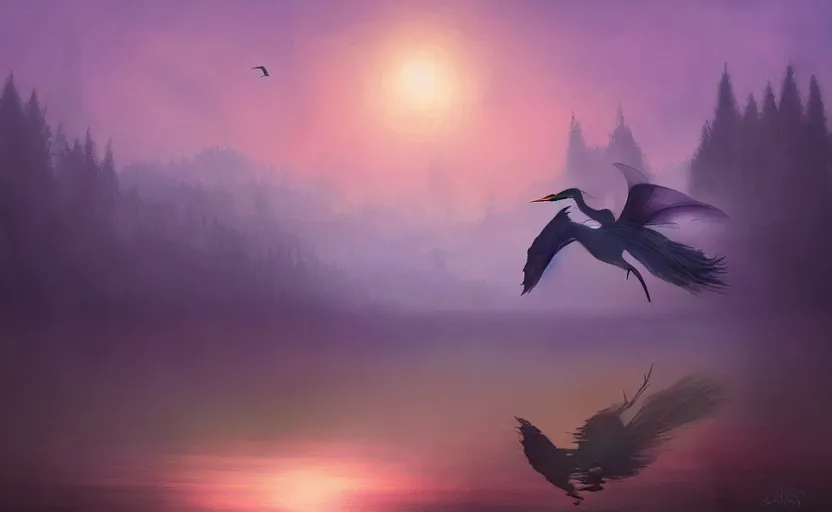 Image similar to digital oil painting of a fairy riding a heron high over a misty nighttime lake, ambient lighting, light bloom, cool lighting, trending on artstation