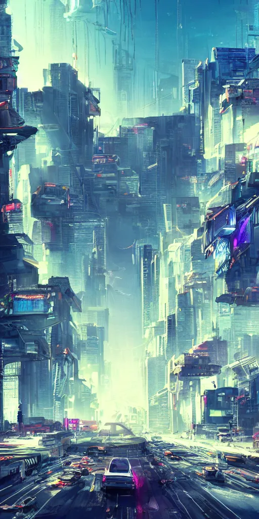 Prompt: gigantic building hovering above a city, long thick cables and trash hanging from underneath, rays of light, neon billboards and dried palmtrees in the streets, epic scene, scifi, illustration