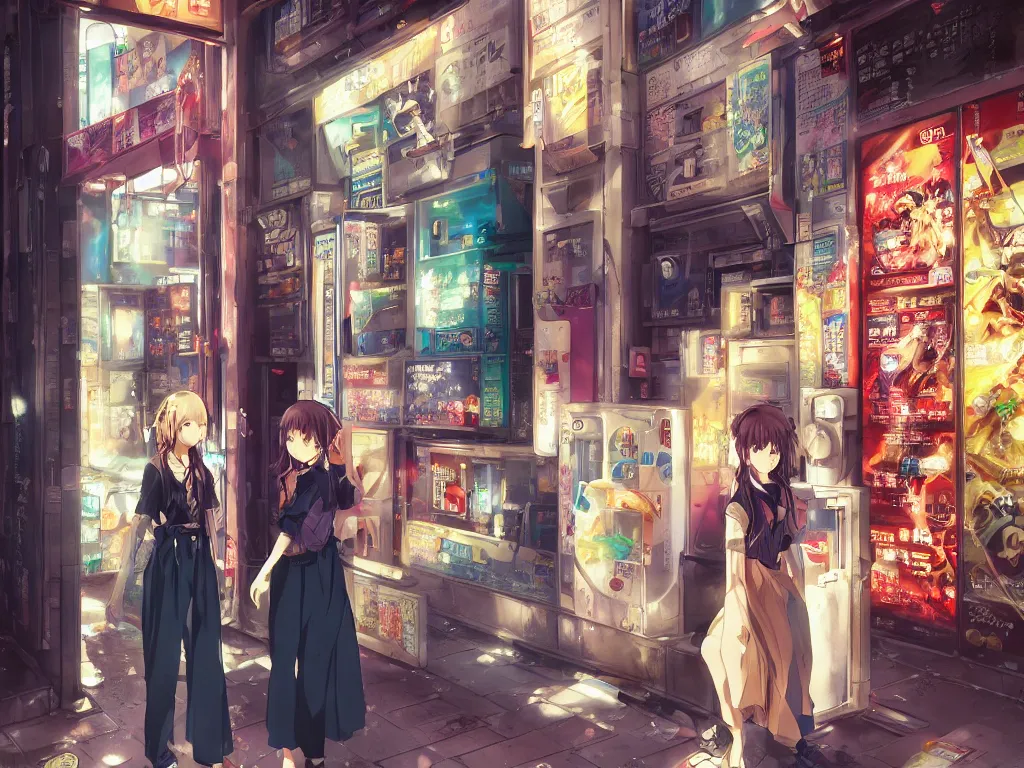 Image similar to Two beautiful anime girls, standing in front of a vending machine outside of a Japanese convenience store, in narrow Tokyo alleyway, gorgeous sunlight and shadows, D&D, fantasy, highly detailed, digital painting, artstation, concept art, sharp focus, illustration, in style of GUWEIZ and WLOP and NIXEU and Craig Mullins