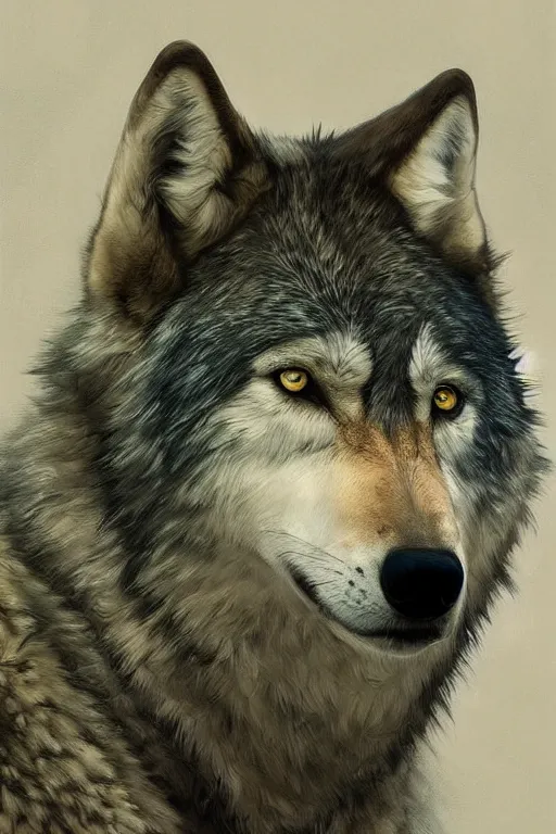 Image similar to portrait of a gray wolf, wolf face, intricate, elegant, highly detailed, digital painting, artstation, concept art, smooth, sharp focus, illustration, art by Krenz Cushart and Artem Demura and alphonse mucha