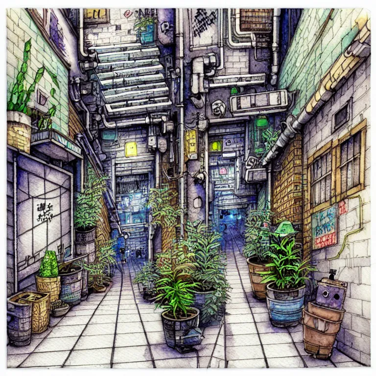 Image similar to an absurdly-detailed cyberpunk alleyway watercolor-calligraphy-pen drawing as a fancy square tile. Cats and Robots and Potted-Plants.