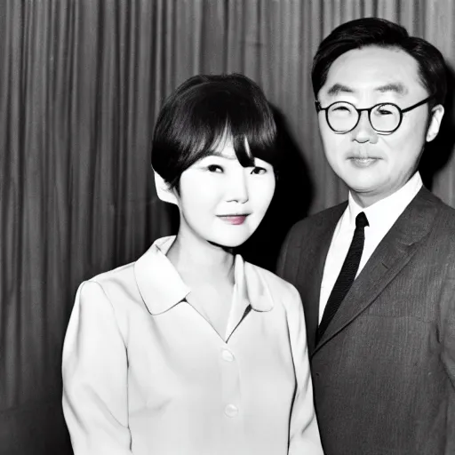 Prompt: 1960s press archive of the actress Choi Eun-Hee and director Shin Sang-ok, Reuters, 35mm film, film grain, mysterious exterior, flash and flare, underexposed