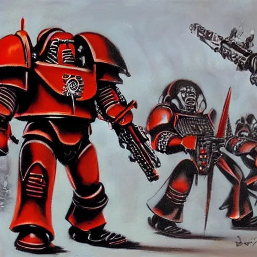 Prompt: a painting of red spacemarines from Warhammer 40000 by Banksy