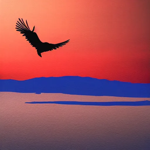 Prompt: blue raven flying on a red sky, realistic