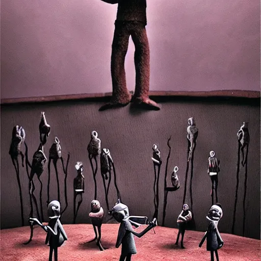 Prompt: the last orchestra, surrealistic detailed claymation art, dark, moody, foggy