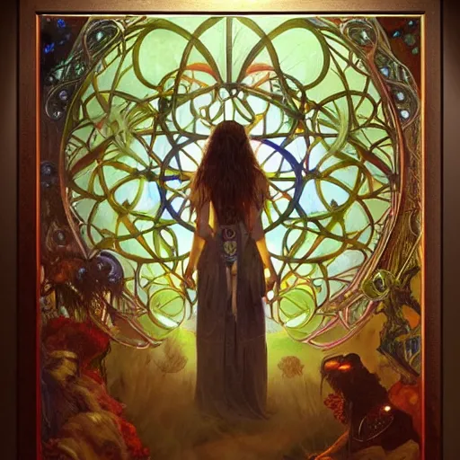 Prompt: an acrylic on canvas portrait of Me but way cooler Shaman Lightworker Alchemist Druid, Mystery, Love, wholeness, rooted lineage, web of life, open eye freedom by Greg Rutkowski, Artgerm and Alphonse Mucha. Epic fantasy art.