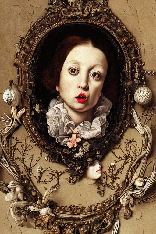 Prompt: Detailed maximalist portrait with large lips and with large eyes, sad exasperated expression, HD mixed media, 3D collage, highly detailed and intricate illustration in the style of Caravaggio, dark art, baroque