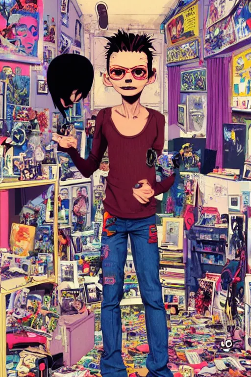 Image similar to a skinny goth guy standing in a cluttered 9 0 s bedroom by jamie hewlett, jamie hewlett art, full body character concept art, vaporwave colors, digital painting, hd, ultra hd, detailed, award winning, small details, artgerm art, sabas apterus art,