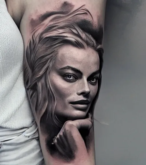 Image similar to tattoo sketch of margot robbie mash up in amazing mountain scenery and nature, double exposure effect, in the style of arlo dicristina, hyper realism, amazing detail, sharp