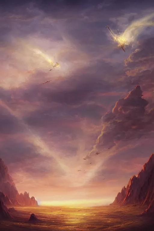 Image similar to breathtaking detailed soft painting of a dozens of flying swords of light, in golden clouds above a desert castle, strokes of mist and scarlet ribbons, german romanticism style, volumetric lighting, concept art, matte, sharp focus, art by celestialfang, matchach, juanmao, dustin panzino, trending on artstation