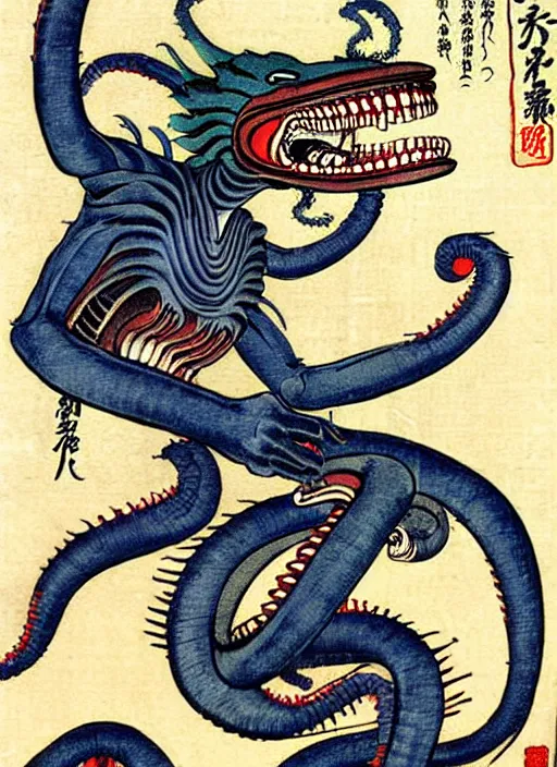 Image similar to the xenomorph as a yokai illustrated by kawanabe kyosai and toriyama sekien