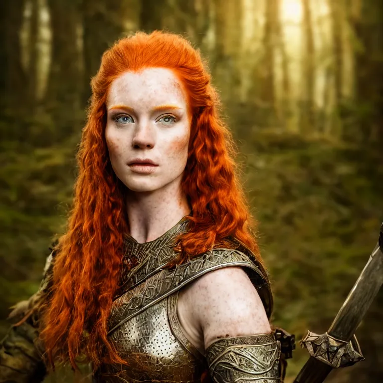 Image similar to 5 5 mm portrait photo of an armored handsome well - built female warrior, red hair, ginger hair, in a magical forest in the style of lord of the rings, highly detailed 8 k. intricate. lifelike. soft light. nikon d 8 5 0. cinematic post - processing