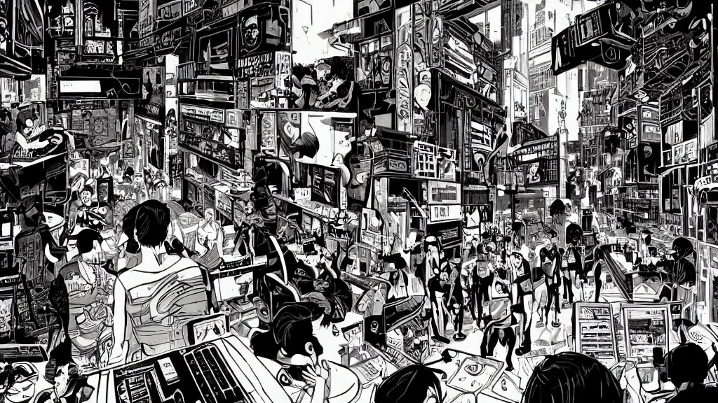 Prompt: very detailed, prophet graphic novel, ilya kuvshinov, mcbess, rutkowski, simon roy, illustration of a cyberpunk nightclub, wide shot, colorful, deep shadows, briliant lights