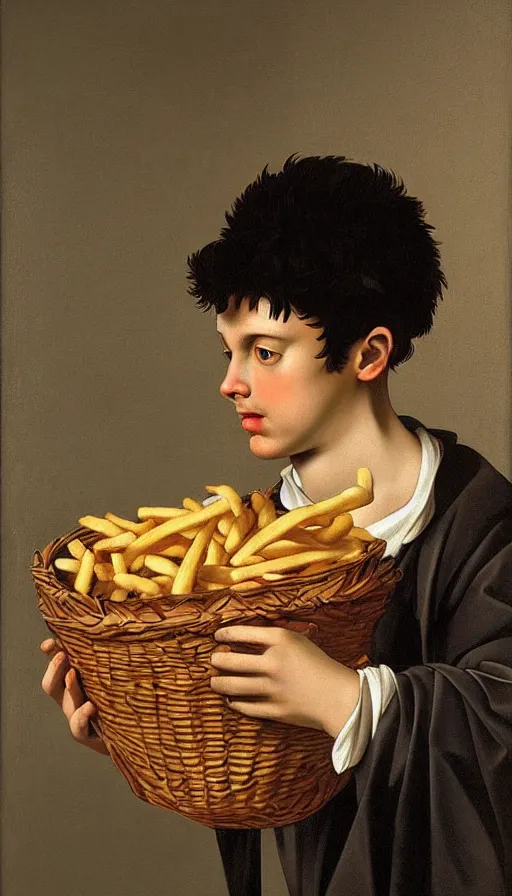 Image similar to hyperrealistic still life painting of a young man with a basket of fries, by Caravaggio, botanical print