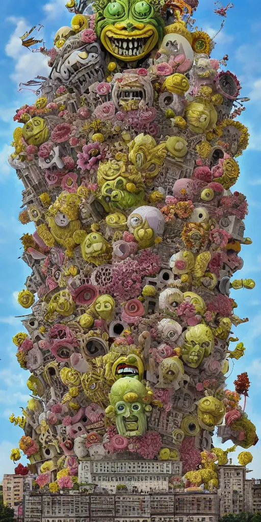 Image similar to colossal grotesque Beelzebub flower made from angry smiles in the middle of post soviet constructivist cityscape, Stalinist architecture, ultradetailed, Intricate by Hayao Miyazaki and Josan Gonzalez and Makoto Shinkai and Giuseppe Arcimboldo and MC Esher and Wes Anderson