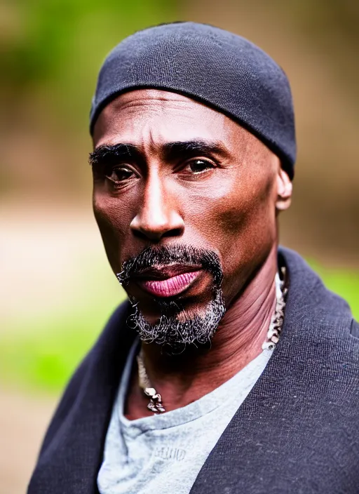 Image similar to DSLR photo portrait still of 50 year old age 50 Tupac at age 50!!!, 85mm f1.8