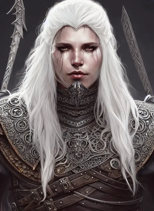 Image similar to barbarian, plated armor!!! long wild white hair!! covered chest!!! fantasy, d & d, intricate ornate details, digital painting, pretty face!!, symmetry, concept art, sharp focus, illustration, art by artgerm! greg rutkowski magali villeneuve wlop! ilya kuvshinov!!, octane render