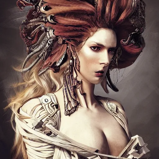 Image similar to portrait, headshot, insanely nice professional hair style, dramatic hair color, digital painting, of a old 17th century, Greek Goddess, old cyborg merchant, amber jewels, baroque, ornate clothing, scifi, realistic, hyperdetailed, chiaroscuro, concept art, art by Franz Hals and Jon Foster and Ayami Kojima and Amano and Karol Bak,