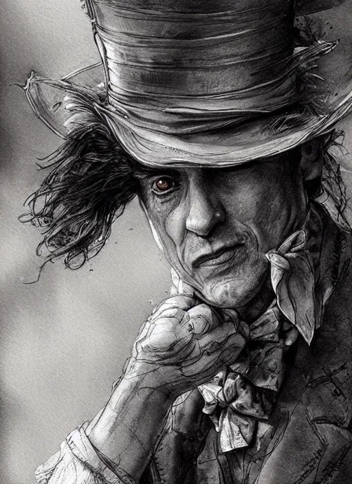 Prompt: portrait, The Mad Hatter, watercolor, dramatic lighting, cinematic, establishing shot, extremly high detail, foto realistic, cinematic lighting, pen and ink, intricate line drawings, by Yoshitaka Amano, Ruan Jia, Kentaro Miura, Artgerm, post processed, concept art, artstation, matte painting, style by eddie mendoza, raphael lacoste, alex ross