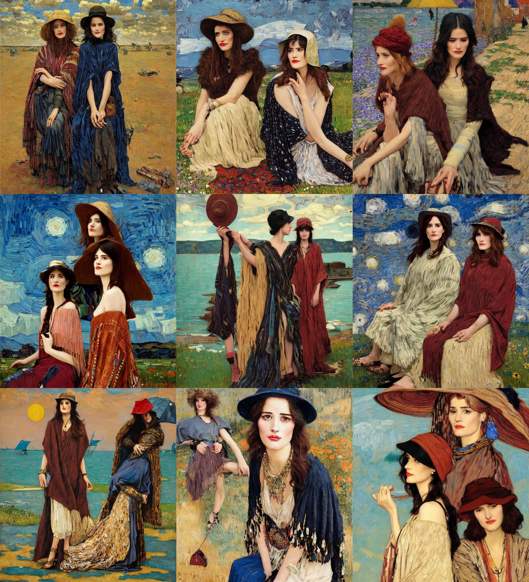 Prompt: portrait of fashionable young woman wearing rich jewerly hat and boho poncho, eva green and Gemma Arterton, sitting dynamic pose, Low poly, thunder clouds in the sky, artwork by john william waterhouse and Denis Sarazhin and klimt and rhads and van gogh and Dean Ellis and Detmold Charles Maurice, levitation, industrial rusty pipes, simple form, brutal shapes