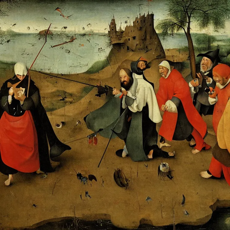 Image similar to The medium shot of three sarcastic mans with fishes running away with a small profit of money, Grim Reaper laughs and follow them, by Hieronymus Bosch and Pieter Bruegel, super detailed oil painting, proportional faces, hyper realistic, 4k, masterpiece