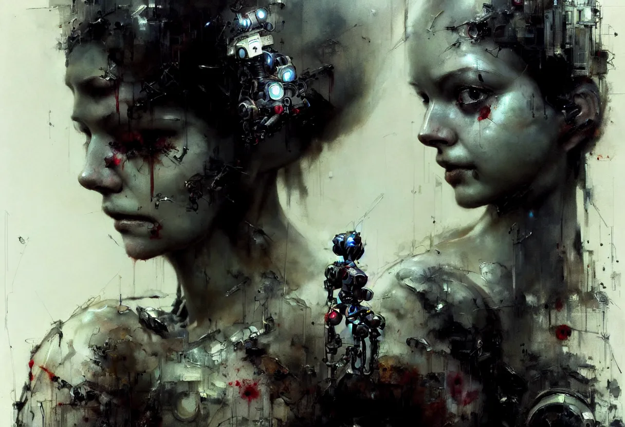 Prompt: beautiful young girl pensive cyborg face, surrounded by small robot birds, matte painting, by emil melmoth zdzislaw beksinki craig mullins yoji shinkawa realistic render ominous detailed photo atmospheric by jeremy mann francis bacon and agnes cecile