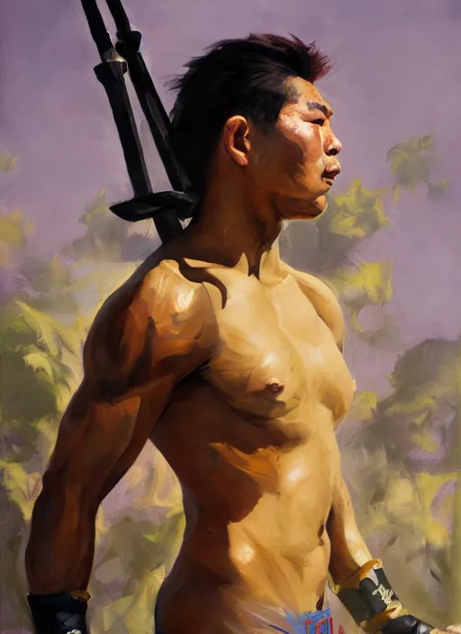 Image similar to greg manchess side portrait of a filipino mma fighter with a sword standing in front of a tank, organic painting, sunny day, matte painting, bold shapes, hard edges, street art, trending on artstation, by huang guangjian, gil elvgren, ruan jia, randy vargas, greg rutkowski