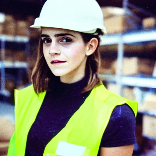 Image similar to photo, close up, emma watson in a hi vis vest, in warehouse, disposable camera, 5 0 mm,