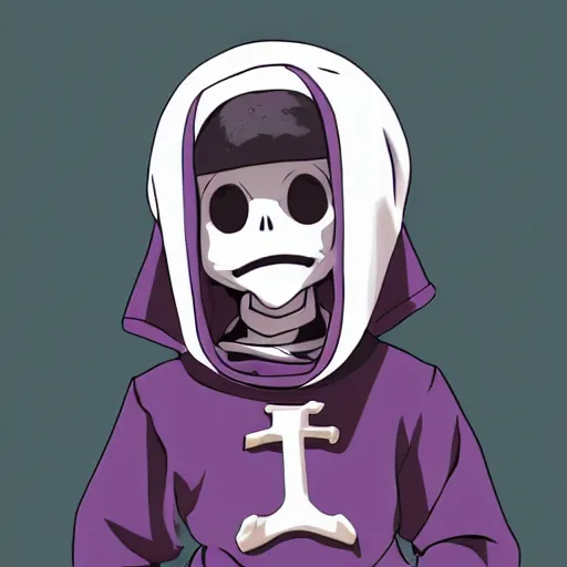 Image similar to cute little boy wearing an skull mask and dressed in an nun outfit, purple color palette, artwork made in western cartoon art syle, inspired in made in abyss and hirohiko araki, ray tracing, featured in pixiv